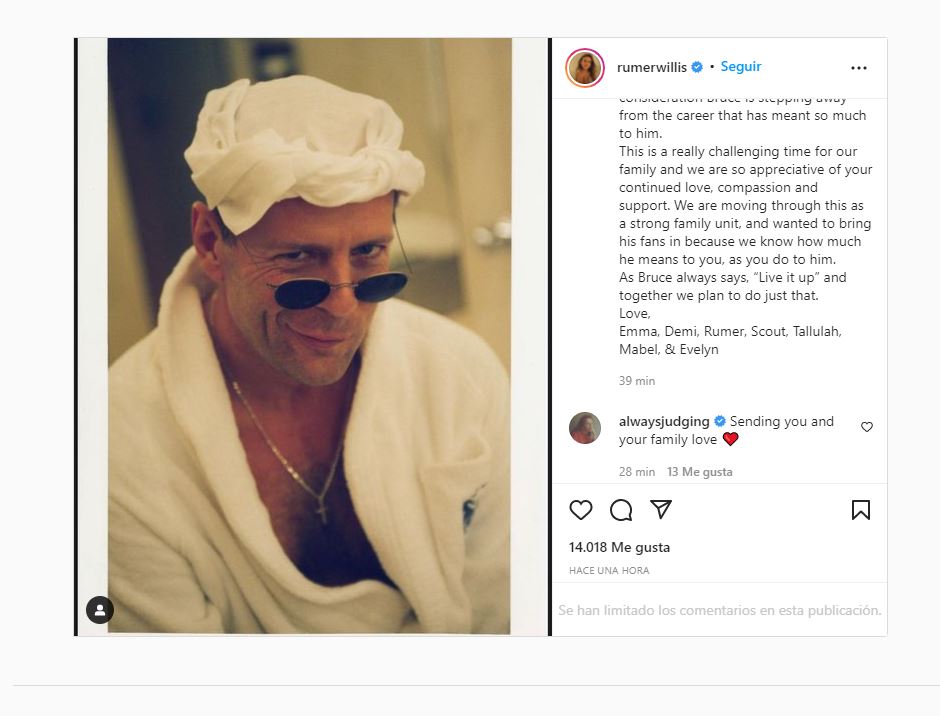 El posteo en Instagram de Rumer Willis, hija de Bruce Willis y Demi Moore, para informar el retiro de la actuación de su padre (@rumerwillis)