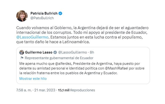 Patricia Bullrich respondió a la convocatoria virtual del presidente de Ecuador, Guillermo Lasso