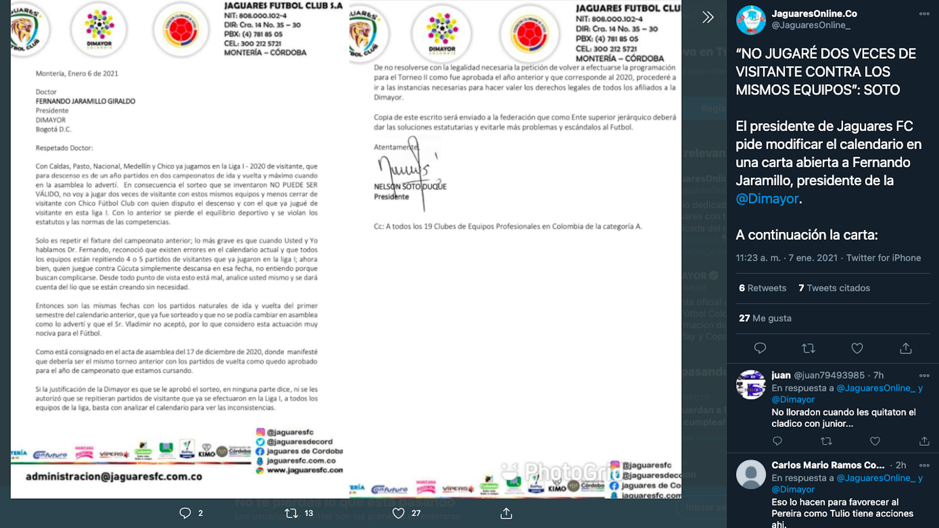 Carta de presidente de Jaguares de Córdoba a la Dimayor calificando de injusto el sorteo de la Liga BetPlay Dimayor 2021 / (Twitter: @JaguaresOnline_).