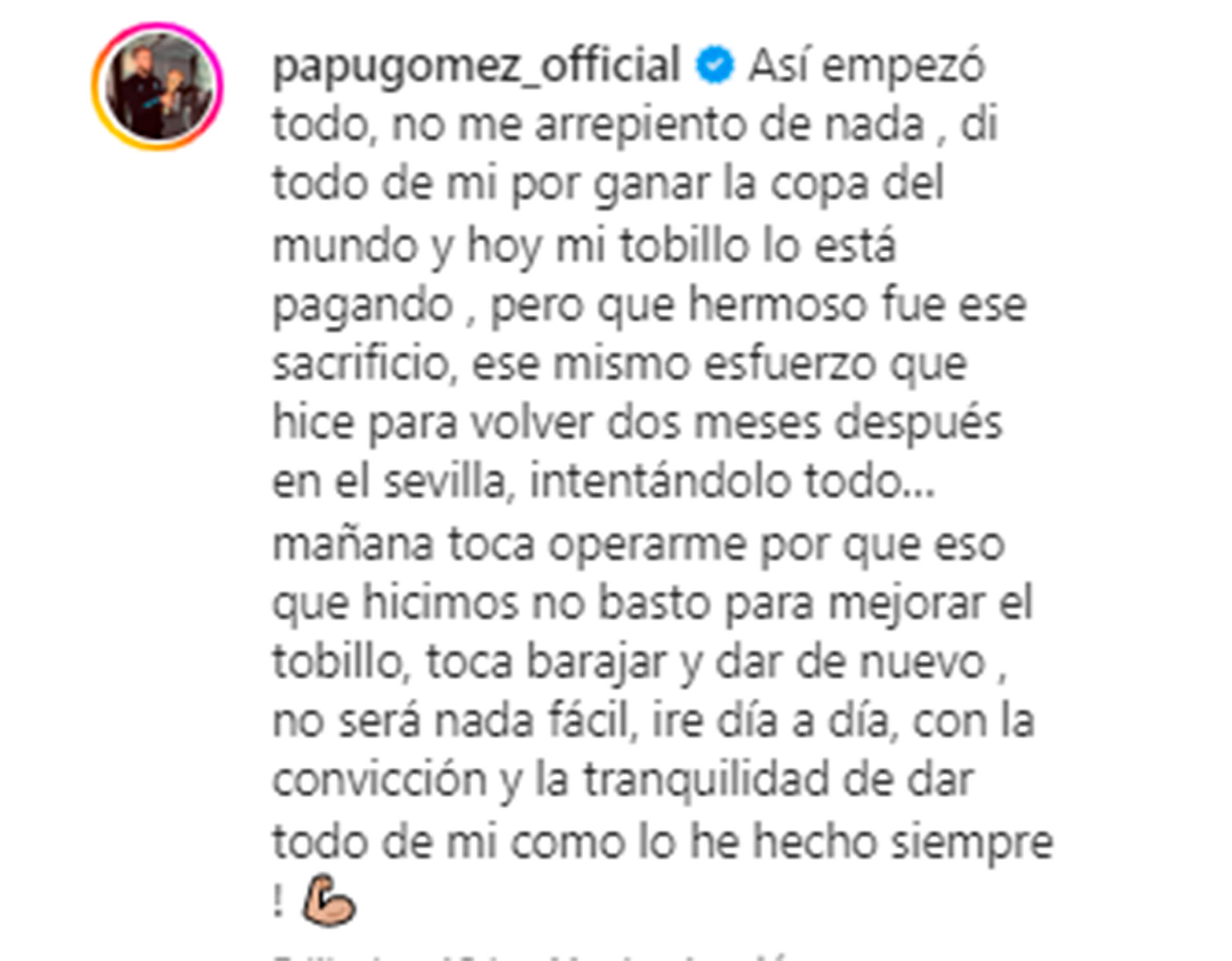 El mensaje del Papu Gómez en sus redes sociales (papugomez_official)