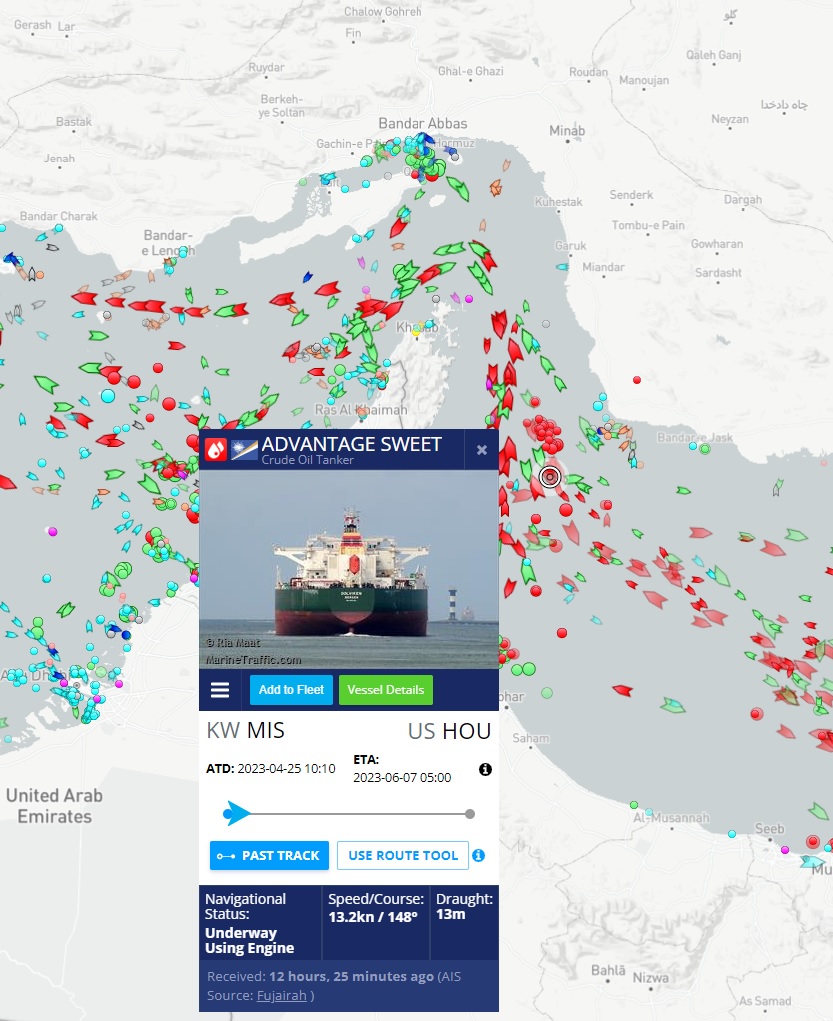 La posición del petrolero Advantage Sweet este jueves (MarineTraffic.com)