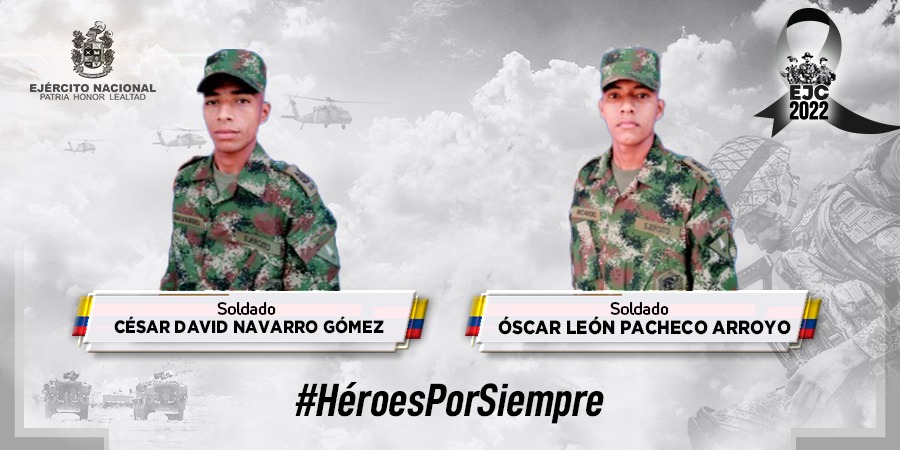 Ejército Nacional: "Con profundo dolor rechazamos el vil asesinato de dos de nuestros soldados, que adelantando operaciones en El Bagre, #Antioquia, fueron atacados con explosivos presuntamente por integrantes del grupo armado organizado Clan del Golfo", vía @COL_EJERCITO Twitter