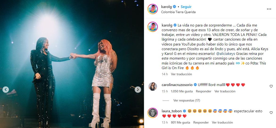 Este fue el mensaje que le dejó Karol G a Alicia Keys en su Instagram. / Imagen @karolg