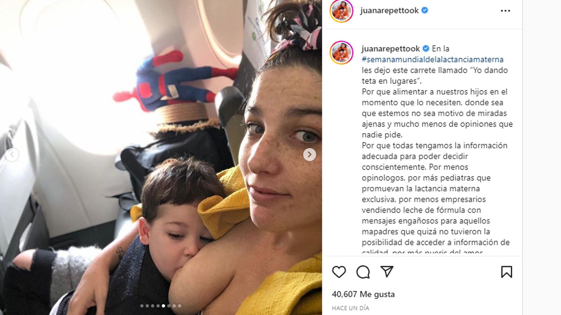 The post of the actress where she published several photos for World Breastfeeding Week