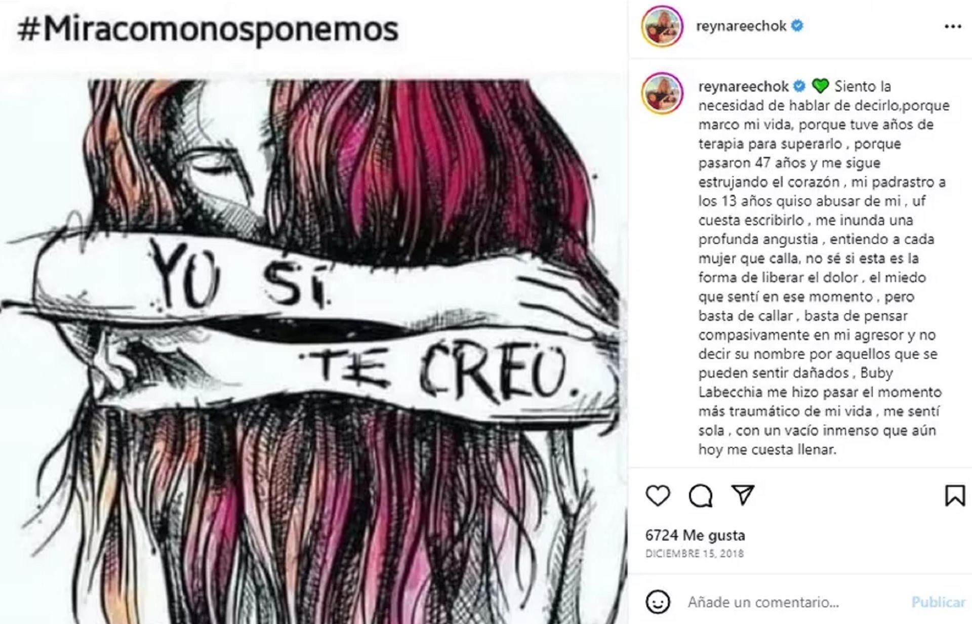 El posteo de Reina Reech en noviembre de 2018 contando que sufrió un intento de abuso a sus 13 años