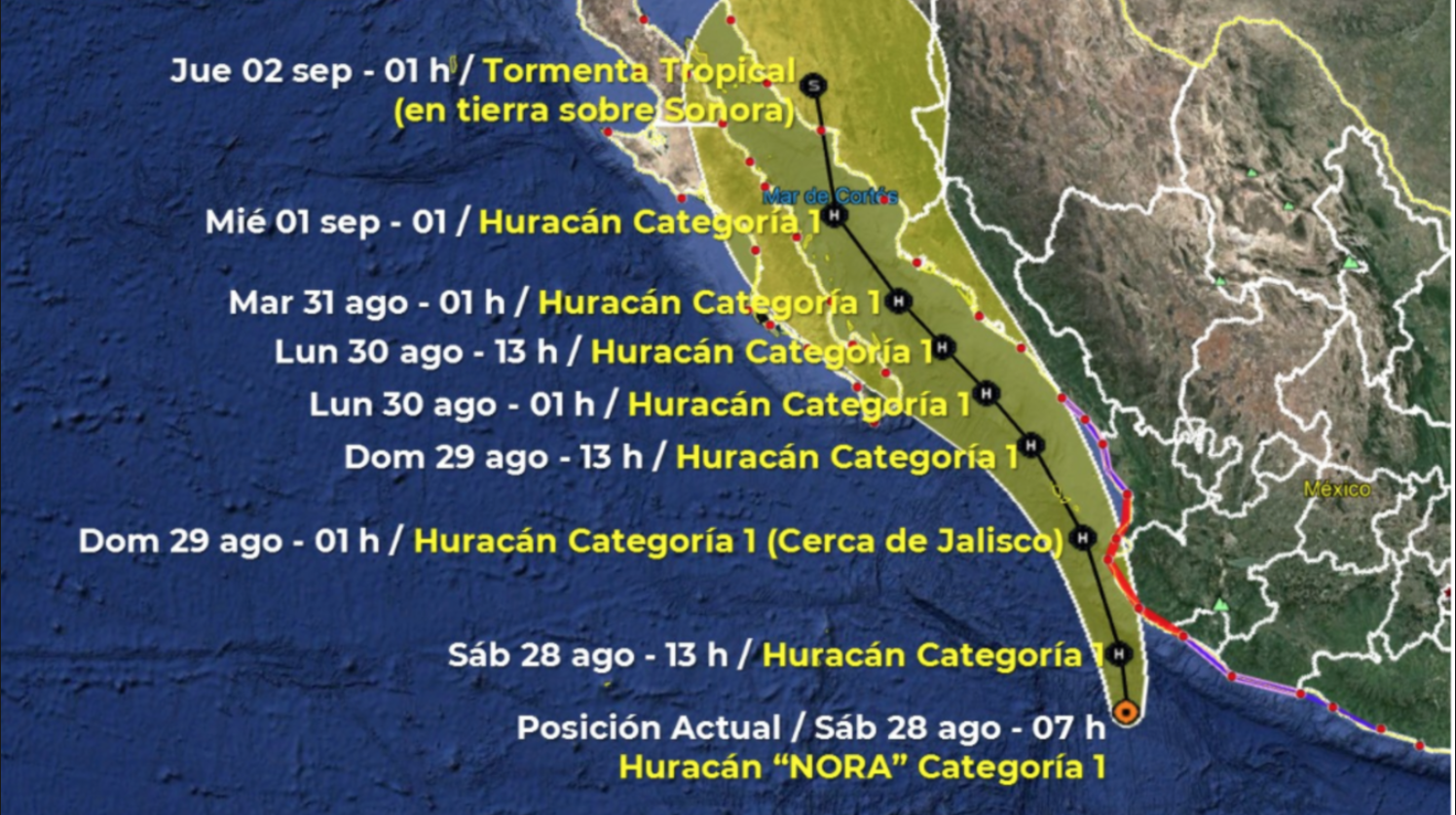 Nora se volvió huracán categoría 1 la madrugada de este sábado y afectará principalmente Jalisco, Colima, Michoacán y Guerrero Foto: (Sistema Meteorológico Nacional)