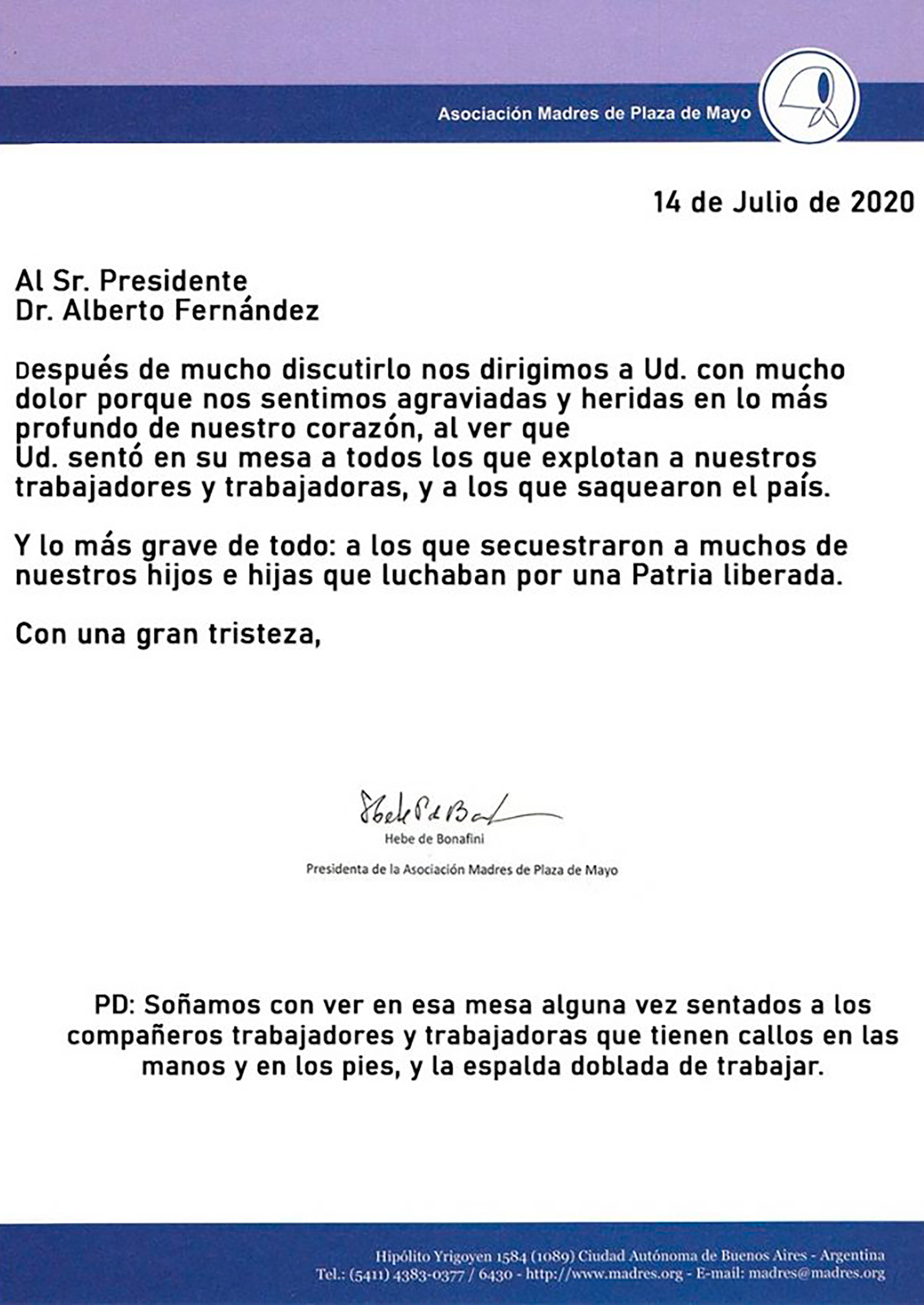 La carta de Hebe de Bonafini contra Alberto Fernández