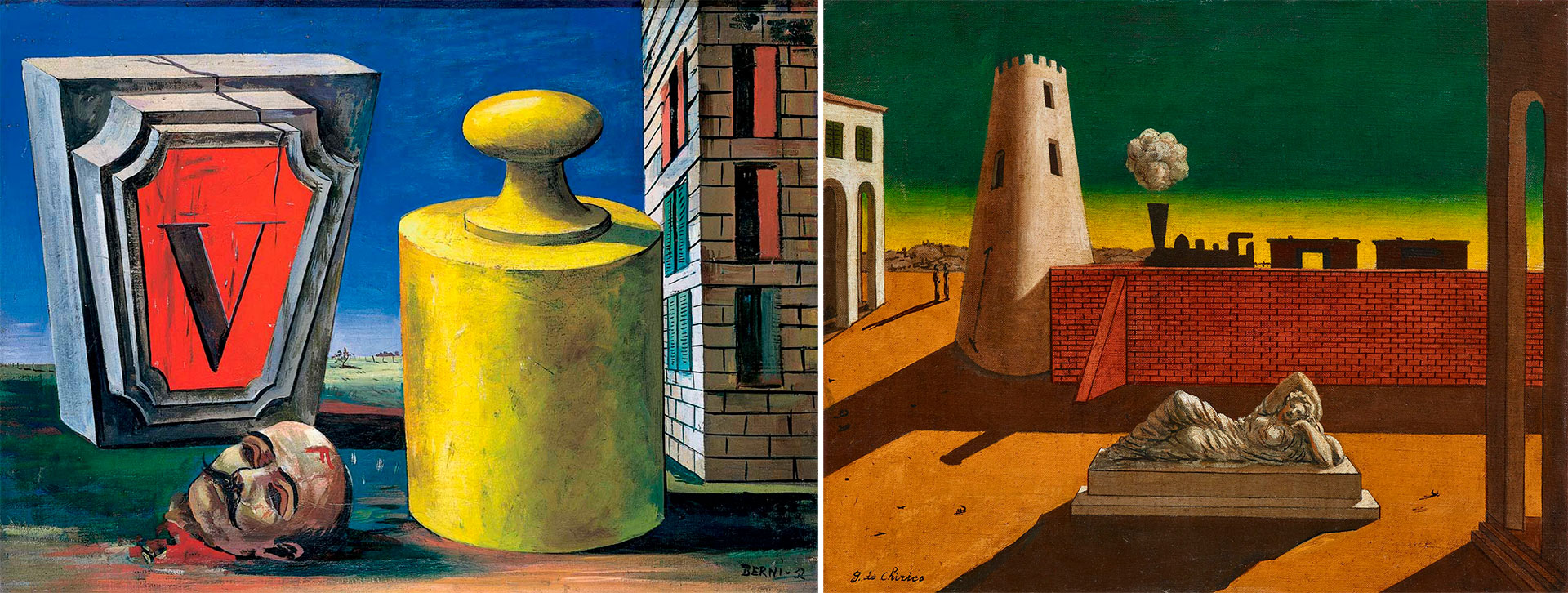 "La muerte acecha en cada esquina" (1932), de Berni y "Plaza de Italia" (1914), una muestra de la pintura metafísica de Giorgio De Chirico 