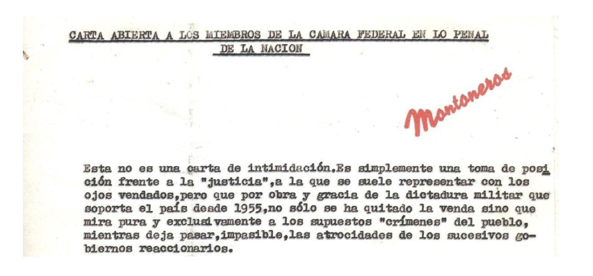 Carta de la organización Montoneros a los miembros de la Cámara Federal