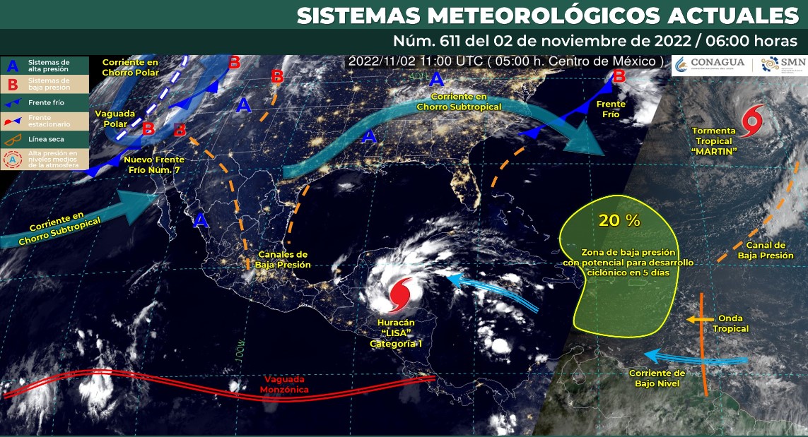 Clima y paso de “Lisa” en México este 02 de noviembre de 2022. Foto: Conagua Clima