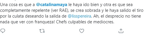 Reactions to the removal of Catalina Maya from MasterChef Celebrity.  Photo: Twitter