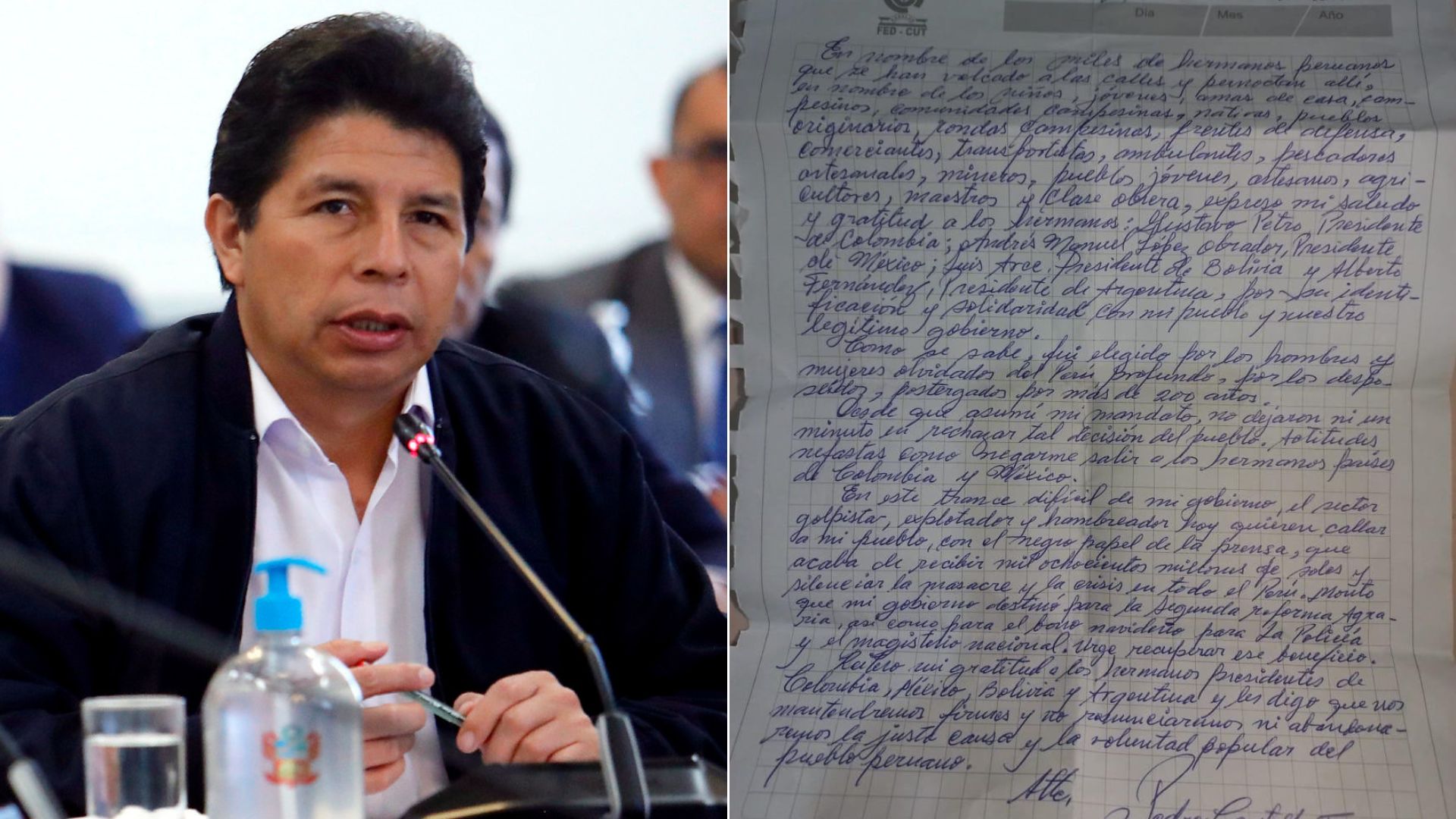 Pedro Castillo envía nueva carta agradeciendo apoyo de los presidentes de México, Colombia, Argentina y Bolivia