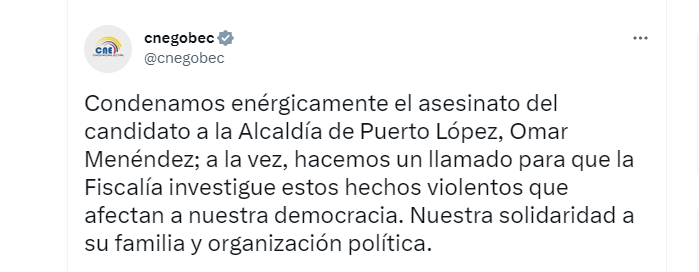 El Consejo Nacional Electoral de Ecuador condenó el crimen a través de Twitter y le solicitó a la fiscalía que se investiguen “estos hechos violentos que afectan a nuestra democracia”. (TWTTER)