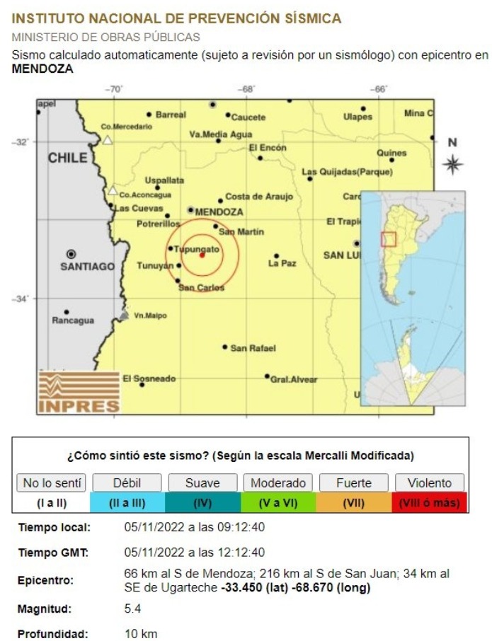 Mendoza: se registró un fuerte sismo de 5,4 grados en la escala de Richter