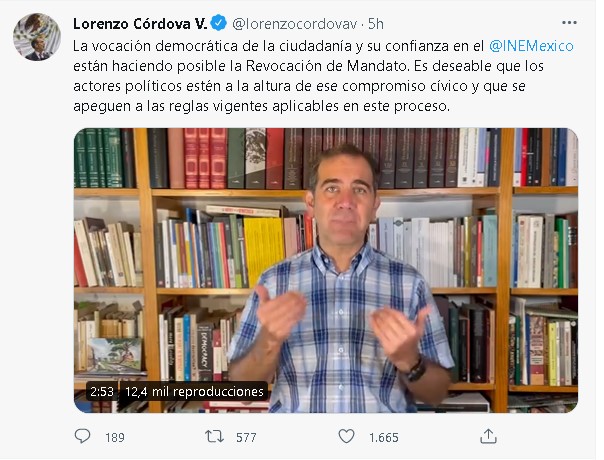 Lorenzo Cordova nuevamente hizo un llamado para respetar la veda electoral de cara a la Revocación de Mandato (Foto: Twitter/ @lorenzocordovav)