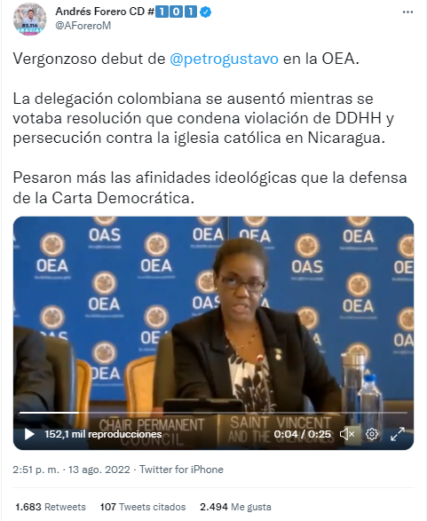 El representante calificó de "vergonzoso" el "debut" del gobierno de Petro en la OEA.