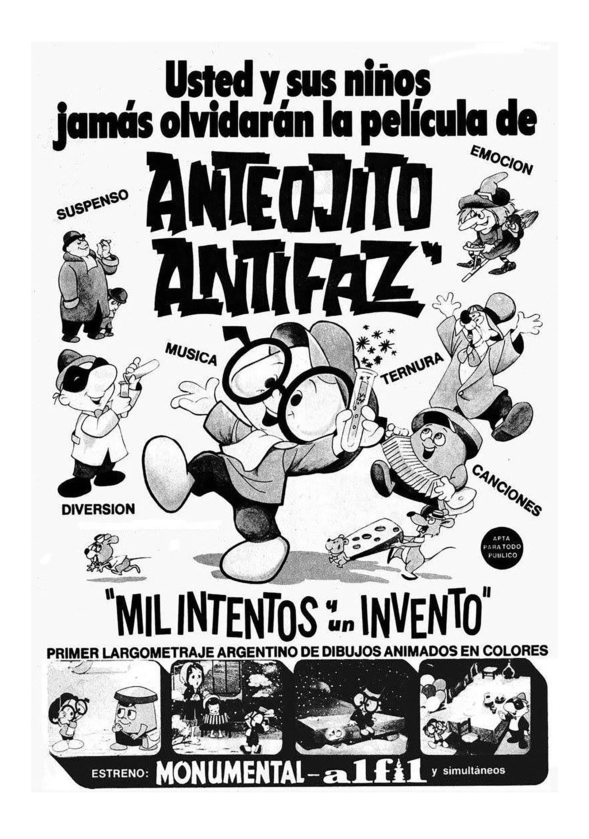 Mil intentos y un invento fue el primer film animado de García Ferré, y el primero animado en colores de la cinematografía argentina. Para desembarcar en el nuevo medio utilizó a sus dos personajes más conocidos hasta el momento: Anteojito y Antifaz