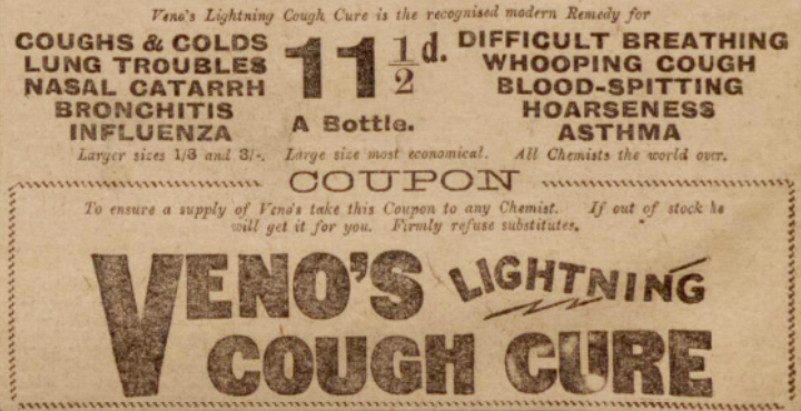 Con la velocidad de un rayo prometía curar la tos el antitusígeno Veno’s. (Archivo Británico de Periódicos)