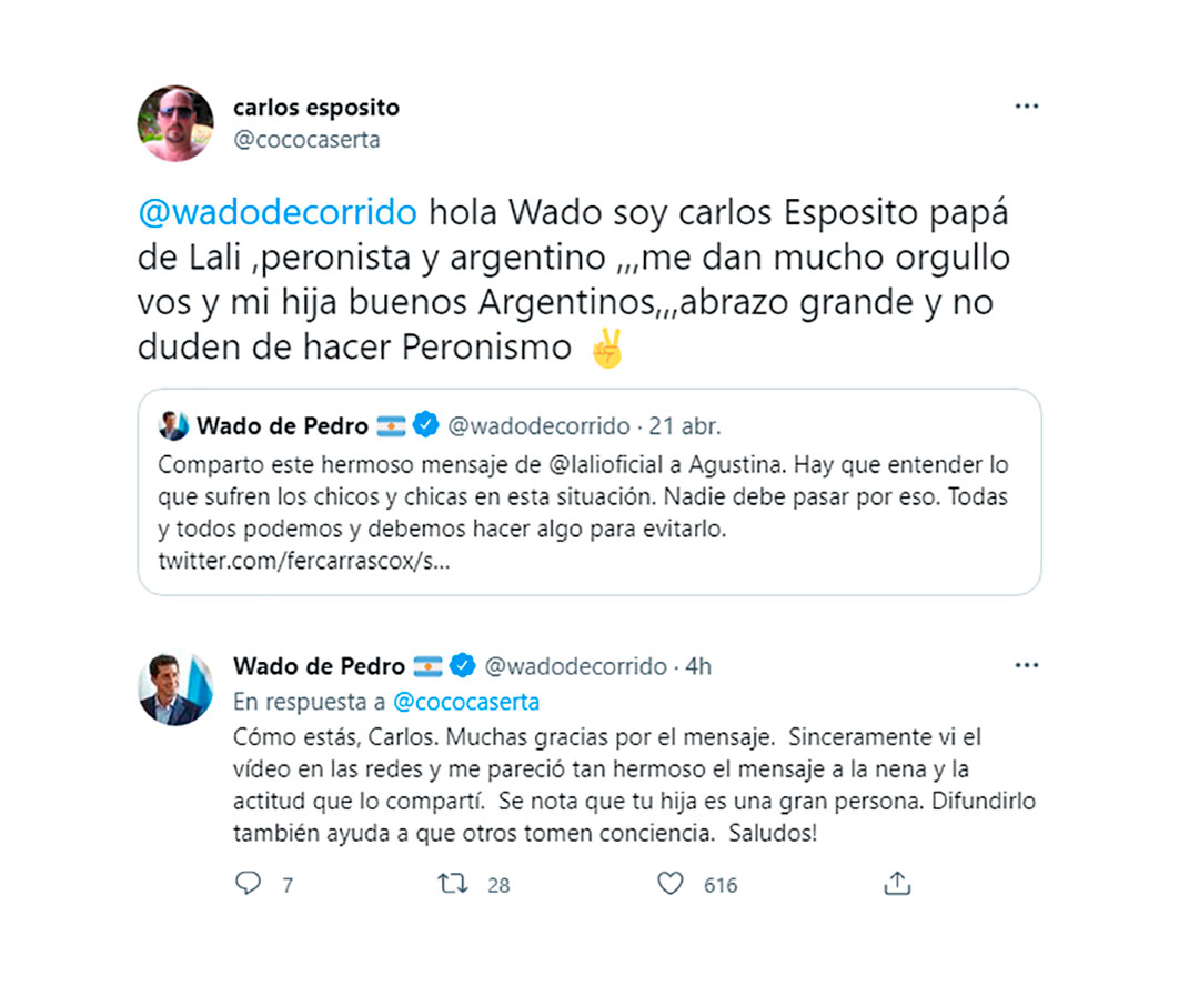 El ida y vuelta en Twitter entre Wado de Pedro y Carlos, el padre de Lali Espósito