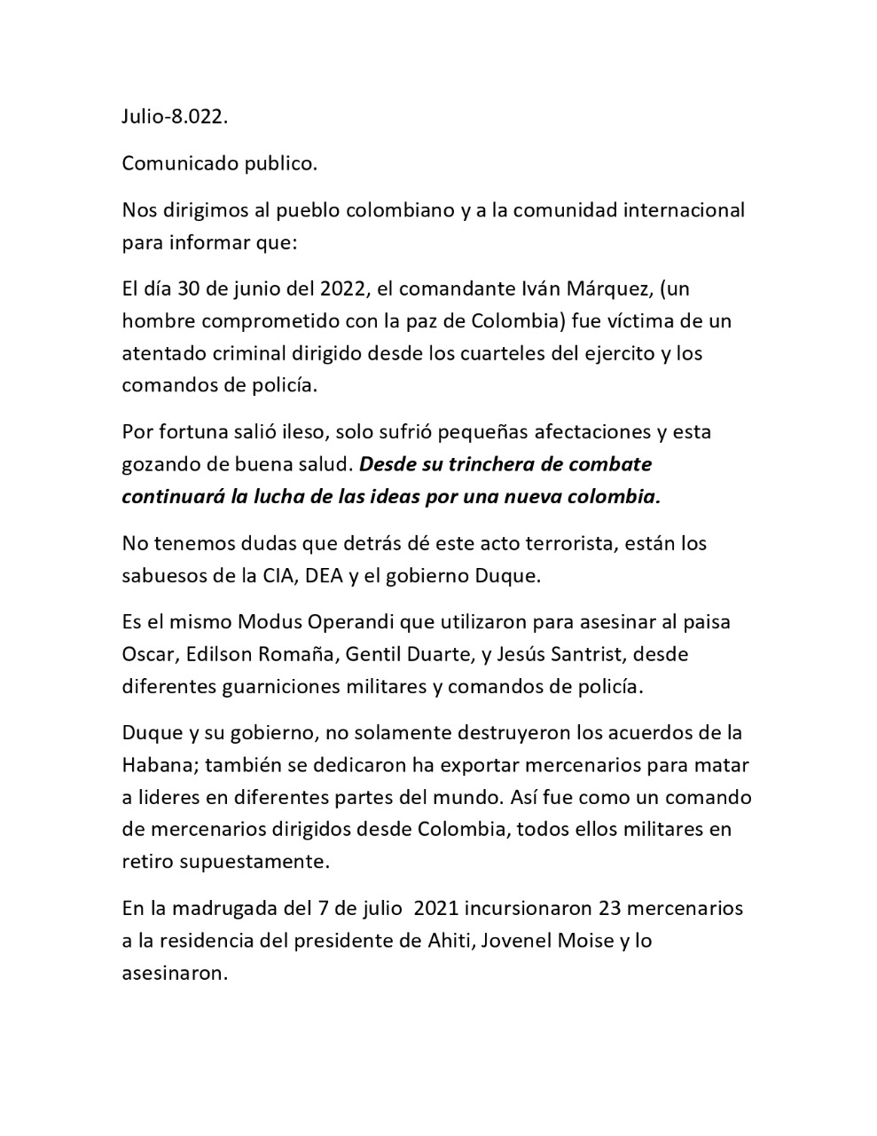 Comunicado de Segunda Marquetalia, sobre la situación de Iván Márquez. FOTO: REVISTA CAMBIO