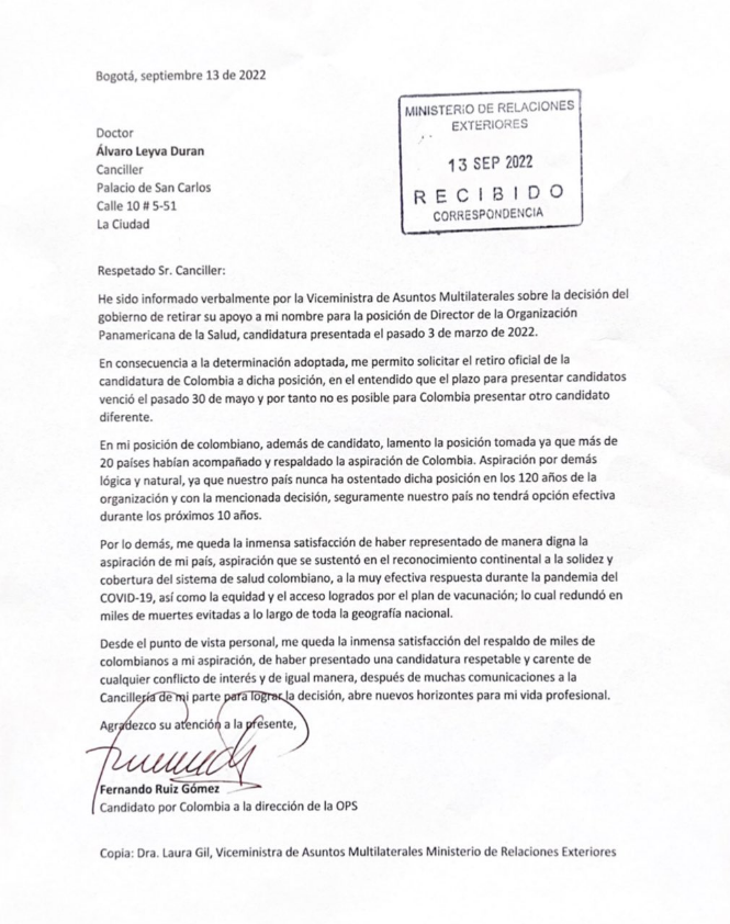 El exministro de Salud, Fernando Ruiz, lamentó a través de una misiva la negativa del Gobierno actual de no apoyar su candidatura a la dirección de la Organización Panamericana de la Salud (OPS).
FOTO: vía Twitter (@Fruizgomez)