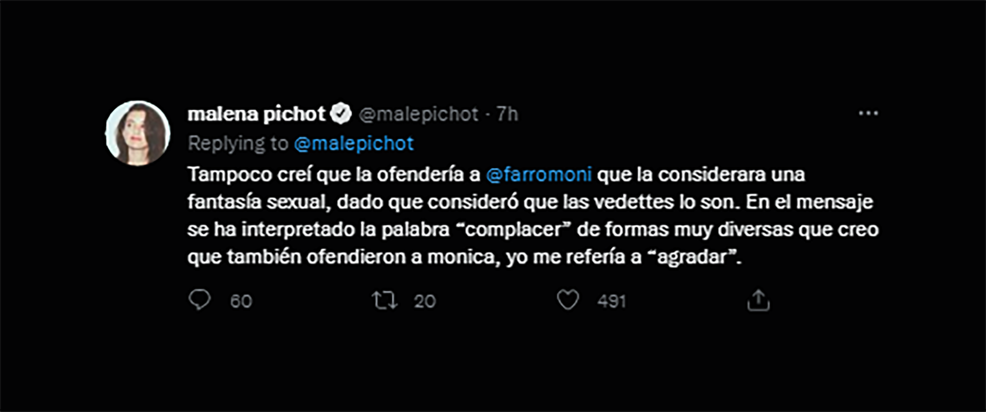 Los tweets de Malena Pichot para pedirle disculpas a Mónica Farro (Fotos: Twitter)