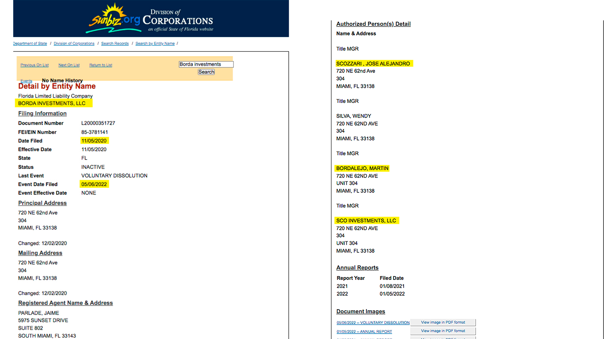 Las firmas Borda Investments y Raspa Investments fueron constituidas como compañías gemelas en Miami