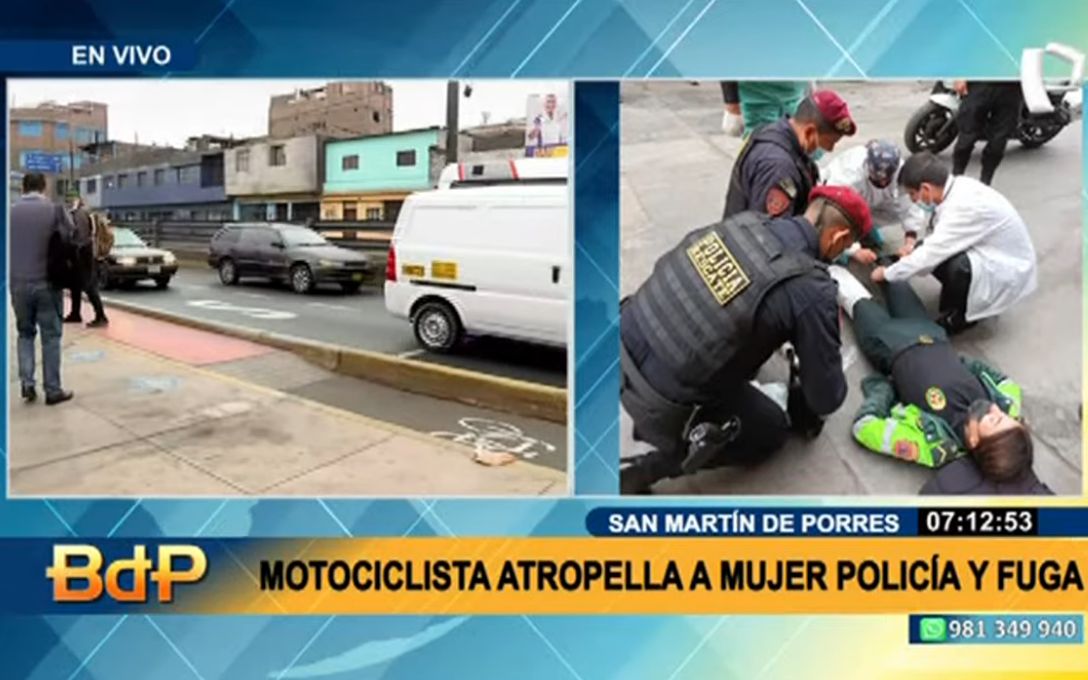 Motociclista atropella a mujer policía y fuga, en San Martín de Porres