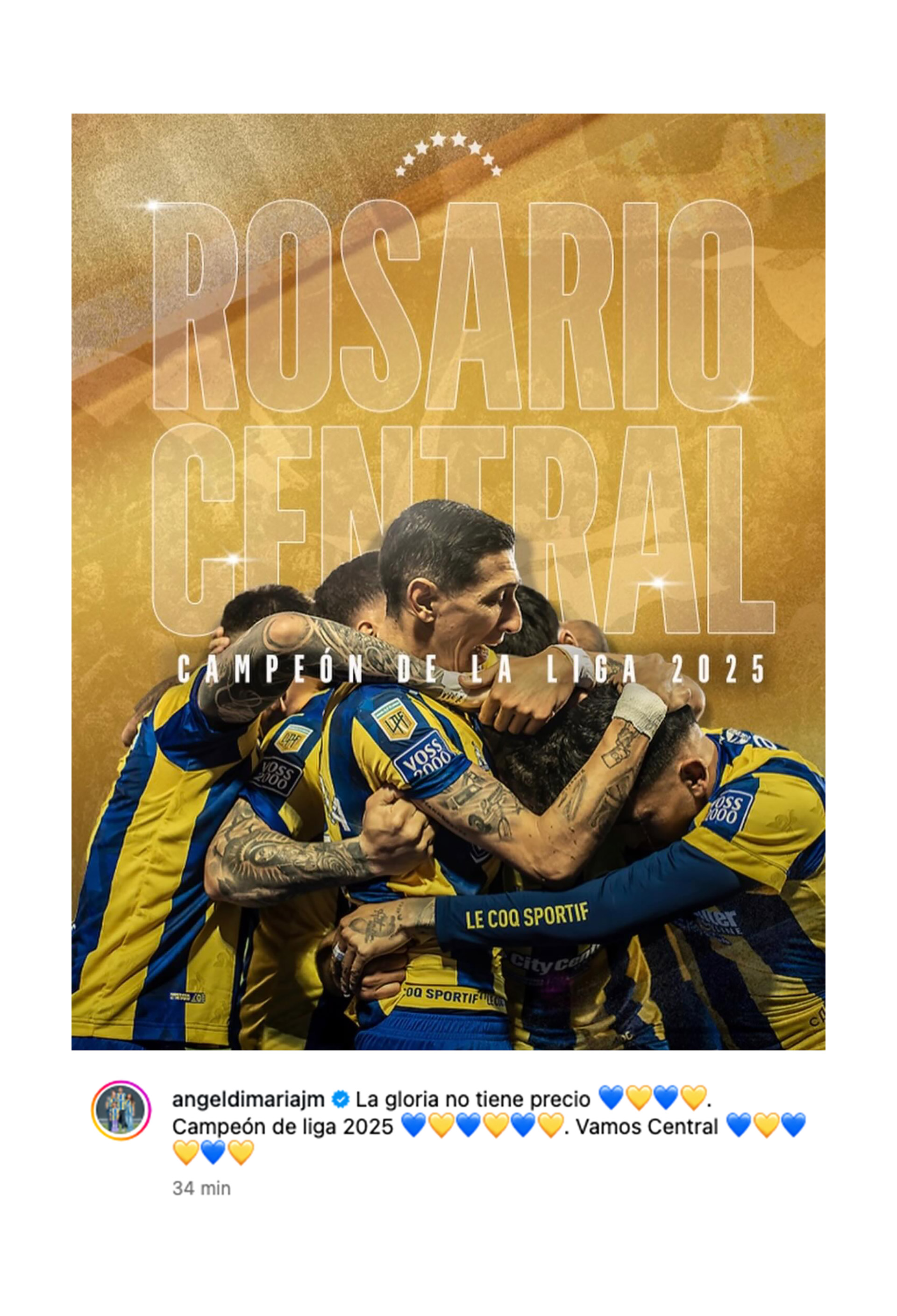 “La gloria no tiene precio”: el festejo de Ángel Di María tras el trofeo de campeón que la AFA le dio a Rosario Central