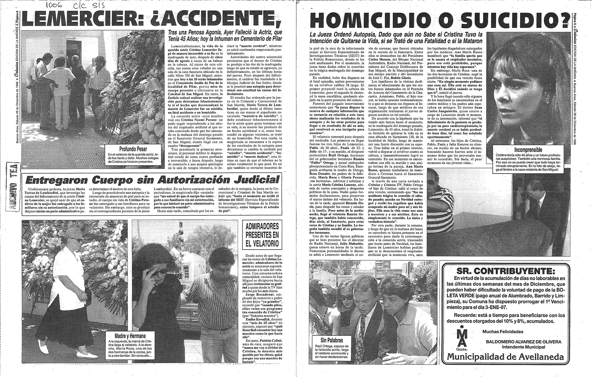 Los diarios dudaban de la causa de la muerte de Cristina Lemercier (Imagen: Crónica / Archivo TEA)