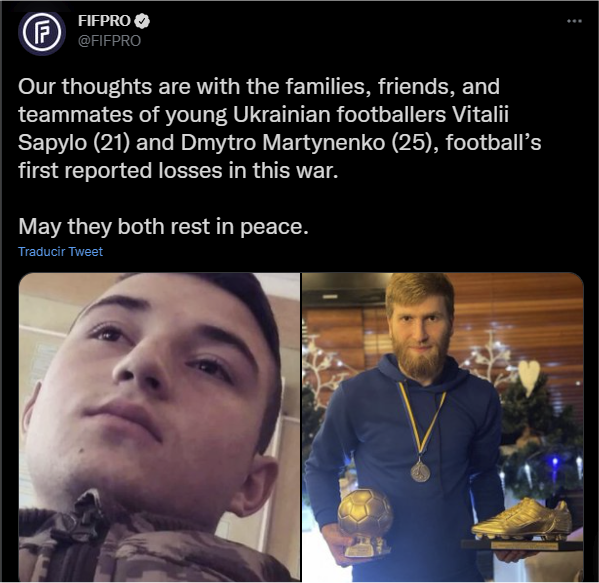 Los fallecimientos de Vitalii Sapylo y Dmytro Martynenko fueron informados por el sindicato internacional de futbolistas internacionales (FIFPRO)
