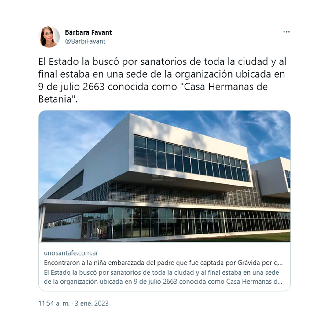 La periodista Bárbara Favant informó que la niña estaba en una casa de la organización Grávida y tuvo que ser llevada al hospital por un operativo policial y de la Secretaría de Niñez