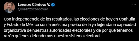 El exconsejero presidente refirió sobre los resultados en Coahuila y Edomex (Twitter/@lorenzocordovav)