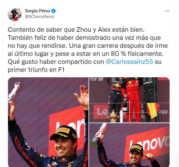 El mensaje que publicó Checo Pérez tras el GP de Gran Bretaña (Foto: Twitter/@SChecoPerez)