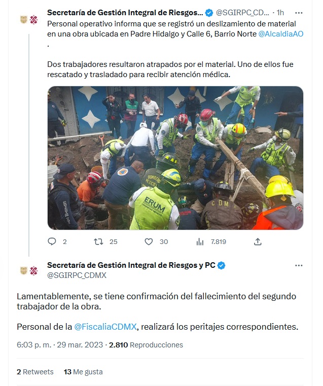 Elementos de Protección Civil confirmaron la muerte de un trabajador que quedó sepultado (Twitter/ @SGIRPC_CDMX)