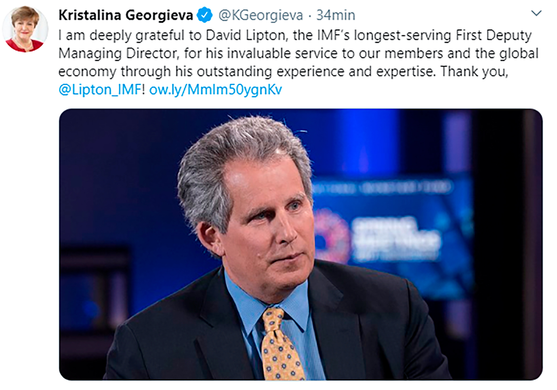 El tuit con el que Georgieva saludó al entonces saliente número dos del FMI, David Lipton, que ahora desde el Tesoro de EEUU es una voz importante cuando se debate la política de EEUU en el Fondo 