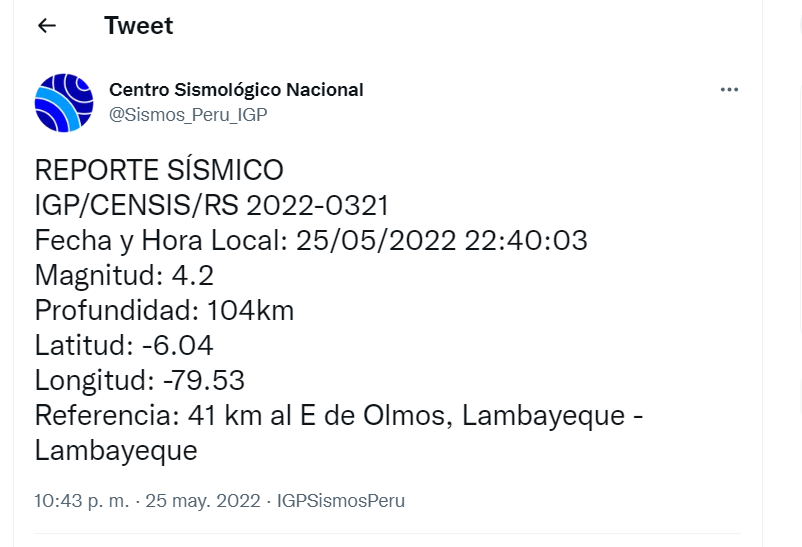 Sismo de magnitud 4.2 se sintió en Lambayeque, según IGP