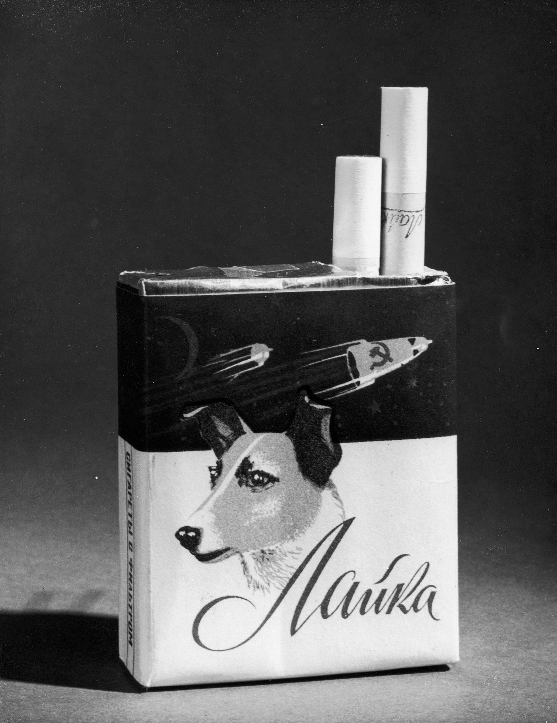 Cigarrillos soviéticos Laika. La perra, inútilmente sacrificada, era parte del orgullo de la URSS, que había anticipado a los Estados Unidos en enviar un ser viviente al espacio (Photo by Fox Photos/Getty Images)