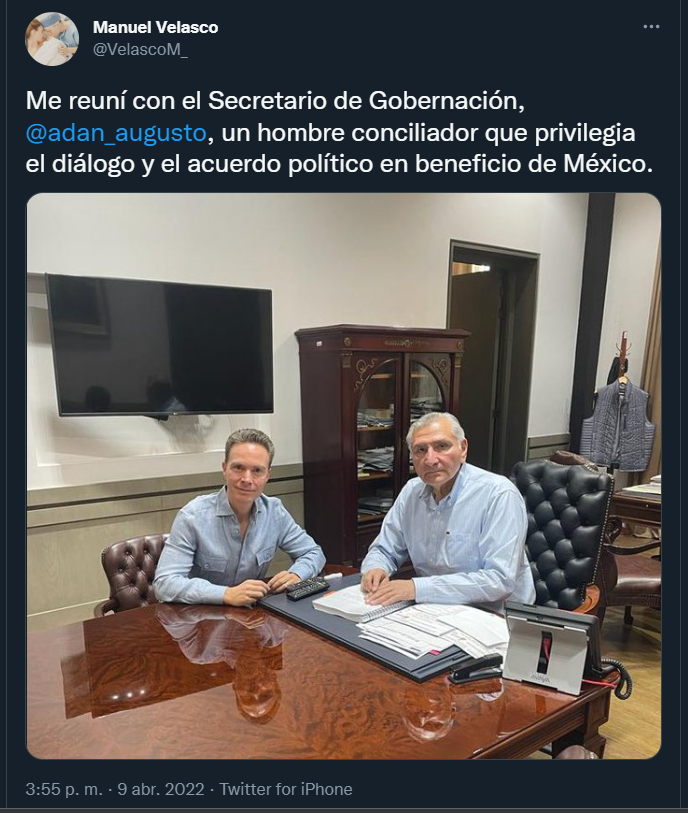 Velasco en reunión con el titular de la Segob, Adán Augusto López (Captura de pantalla: Twitter)