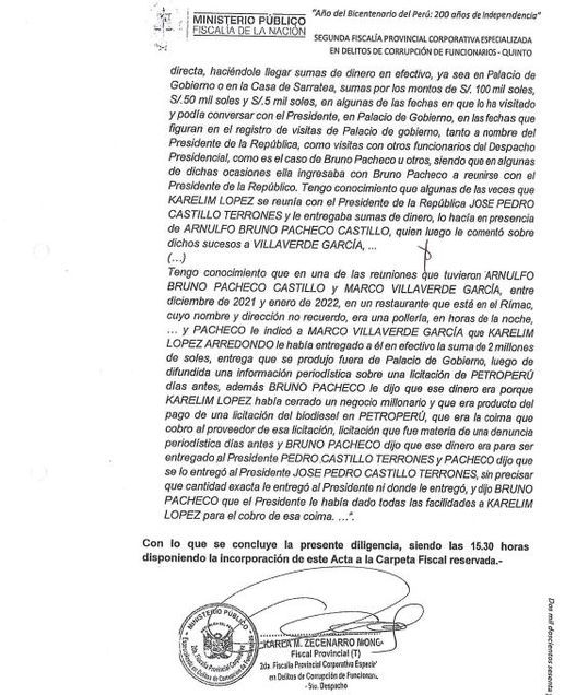 Declaración de colaborador eficaz que revela las entregas de dinero al presidente Pedro Castillo.