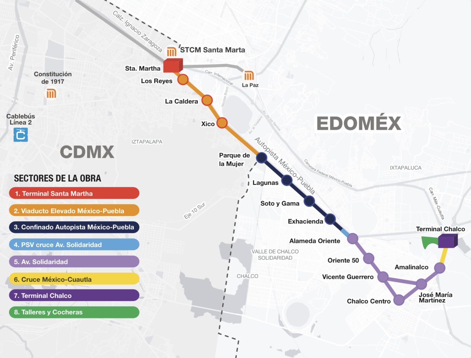 The route will have 13 stations and 2 terminals, along 18.5 kilometers.  7.2 of them will be in an elevated section.  (Twitter/@Alfredodelmazo)