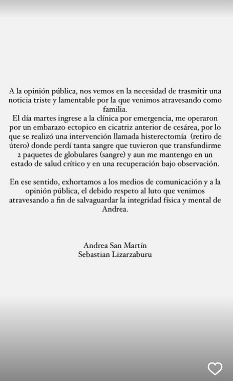 Comunicado de Andrea San Martín. (Foto: Instagram)