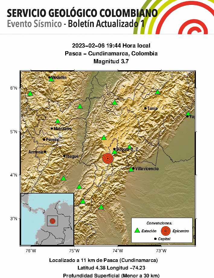 El servicio Geológico Colombiano, actualizó su boletín referente al evento sísmico. Cortesía: SGC