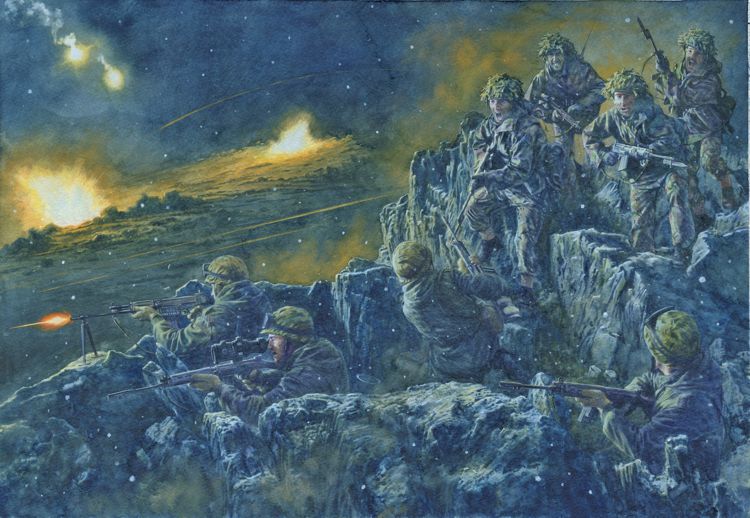 El combate de Tumbledown, el 13 de junio de 1982. Pintura de Steve Noon, artista británico. 