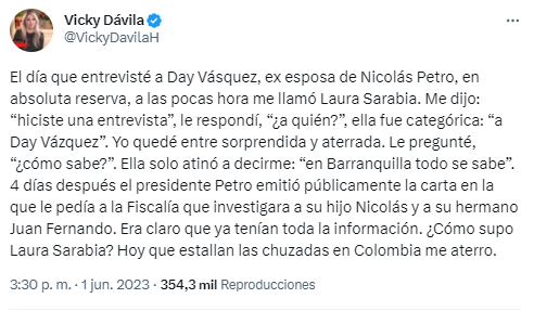 La periodista Vicky Dávila y expresa que "Cómo supo Laura Sarabia? Hoy que estallan las chuzadas en Colombia me aterro". Twitter/@VickyDavilaH.