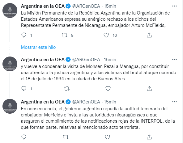 El comunicado vía Twitter donde se repudia la postura de Nicaragua