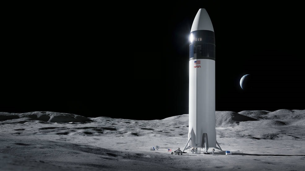 Ilustración del diseño del módulo de aterrizaje humano SpaceX Starship que llevará a los primeros astronautas de la NASA a la superficie de la Luna bajo el programa Artemisa. (SPACE X)
