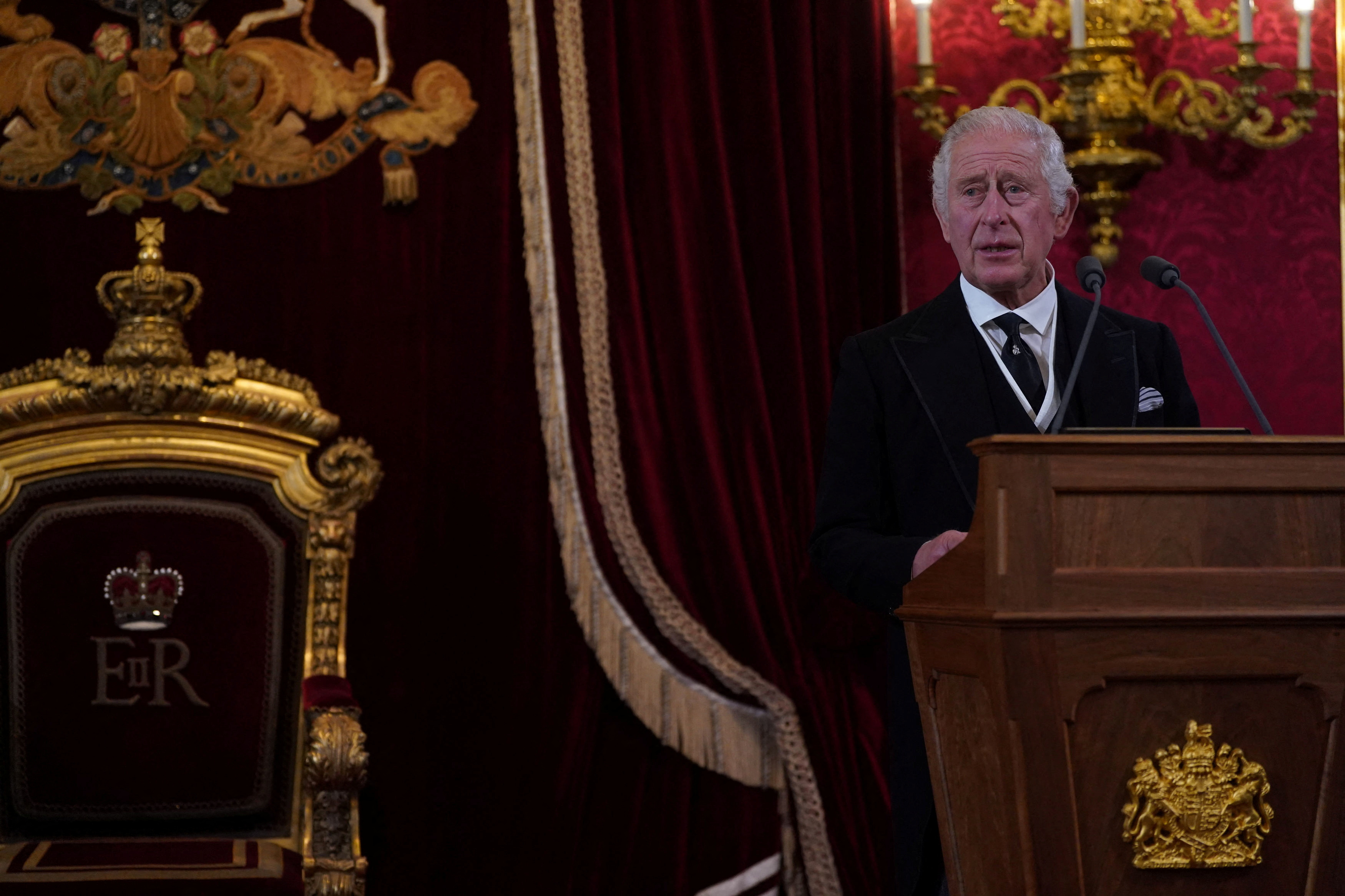 Britain's King Charles speaks during the Accession Council at St James's Palace, where he is formally proclaimed Britain's new monarch, following the death of Queen Elizabeth II, in London, Britain September 10, 2022.  Victoria Jones/Pool via REUTERS