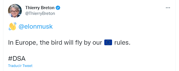 Thierry Breton, responsable de la regulación en materia digital, advirtió este viernes a Twitter que para operar en el espacio de la Unión Europea (UE) deberá seguir las reglas del bloque. (TWITTER)