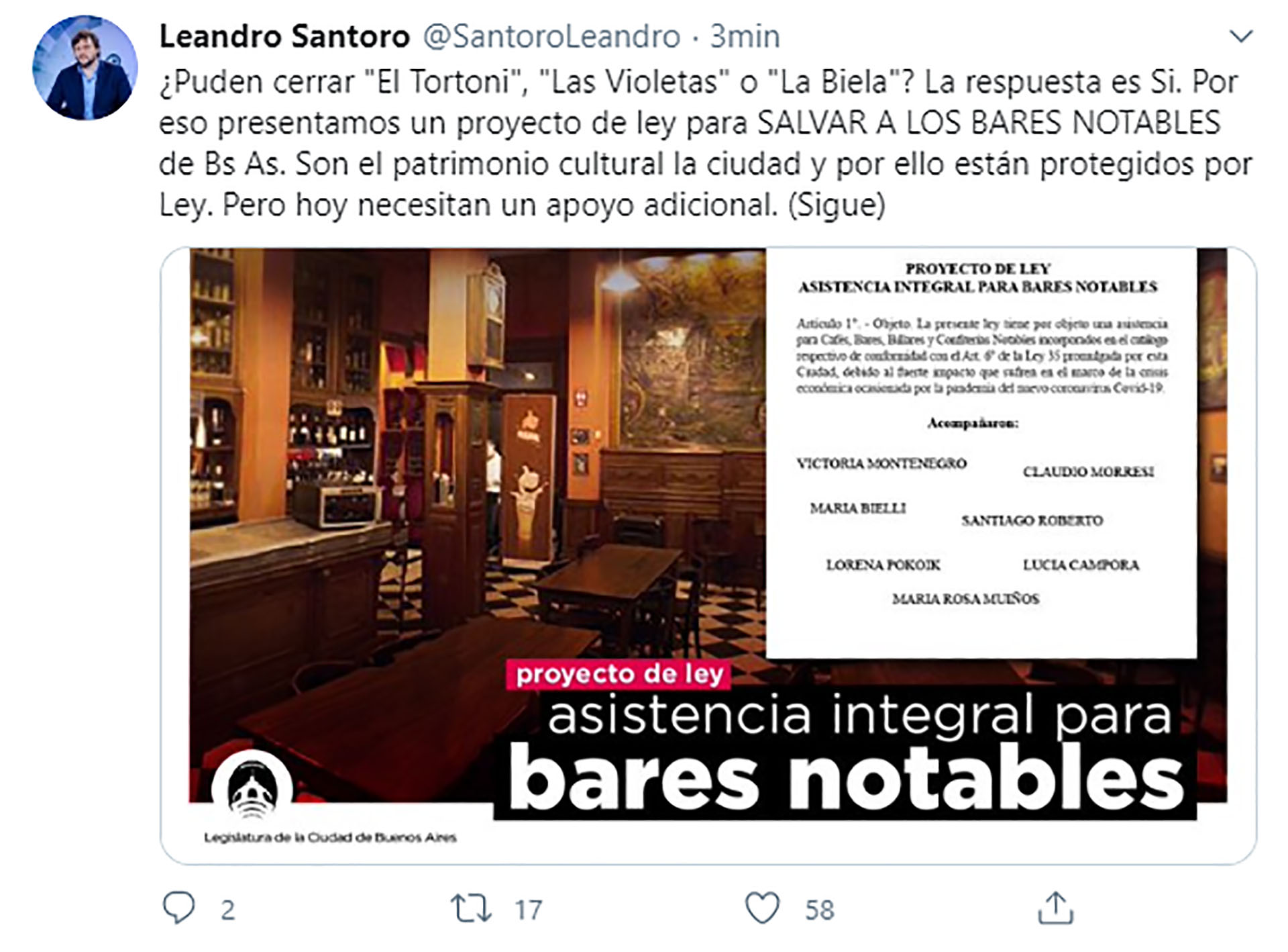El diputado Leandro Santoro decidió poner en marcha un proyecto de ley para brindar asistencia integral a los bares notables porteños.